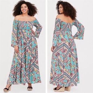 Torrid Scarf Print Floral Off-Shoulder Maxi Dress Size 00 US Size 10 Boho Resort
